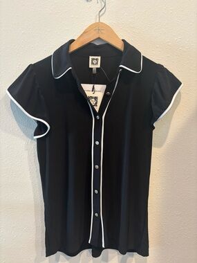 Anne Klein Black Button-Front Shirt with White Piping small